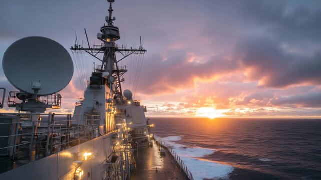 Close-up of a naval vessel&rsquo;s bridge at sunset, radars and satellite dishes atop tall masts, navigation lights glowing softly, calm ocean reflecting warm sky, maritime communication