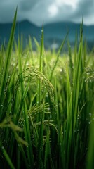 Obraz premium Close-up of lush green rice plants with dew drops on long stalks under cloudy sky and distant mountains