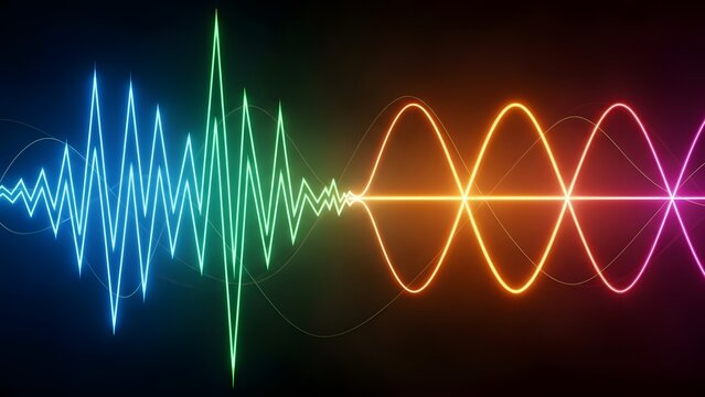 Neon frequency lines transition from erratic blue spikes to smooth orange sine waves, a striking metaphor for stabilizing chaos and achieving clarity through digital signal processing