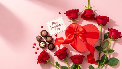 Romantic Valentine's Day setup with red roses and chocolates