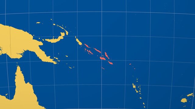 Solomon Islands on Globe. Animated zoom into the country in Ocean Blue Golden Yellow color palette. Solomon Islands logo animation. Map with meridians, parallels. Elegant video.