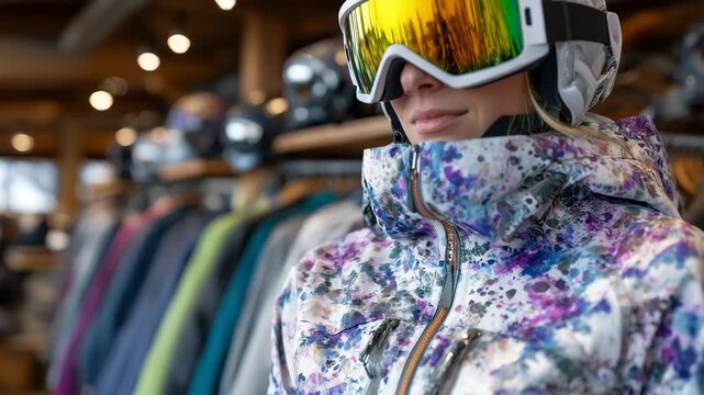 Close-up of colorful winter jackets with zipped pockets and patterns, ski helmets and goggles above, shop interior softly blurred, ski apparel store ready for customers visual