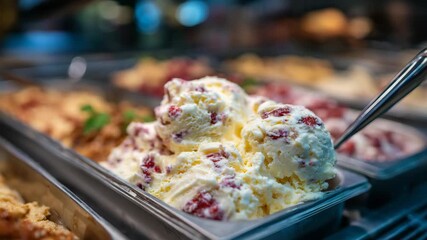 Close-up of creamy strawberry and lemon ice cream scoops on cold shelf, frosted freezer glass blurred in background, vibrant frozen dessert display ready for customers
