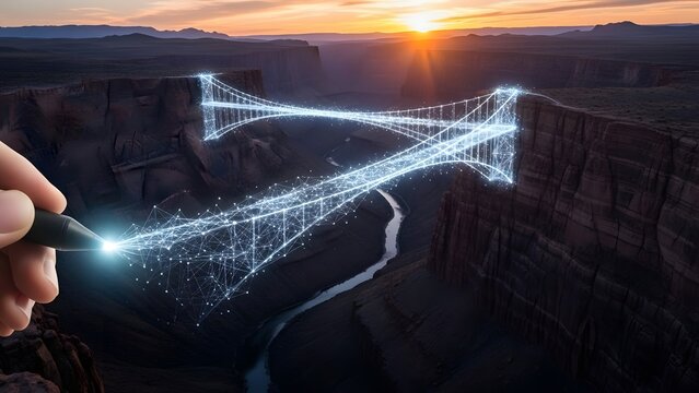 A hand uses a stylus to draw a glowing wireframe bridge across a canyon at sunset, a metaphor for overcoming obstacles through digital innovation and bridging gaps with futuristic technology