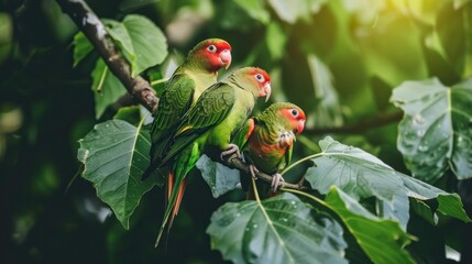 Group of Three Green and Red Parrots Perched on Tree Branch in Lush Foliage