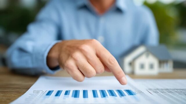 Close-up of fingers pointing at a mortgage repayment timeline on paper, monthly payments and interest columns visible, blurred real estate documents behind, home loan education, lo