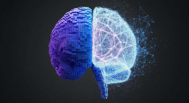 A brain composed of digital blocks and connections on a dark background. Conceptual illustration of intelligence and networks. Artificial intelligence, data analysis, creative process. - Powered by Adobe