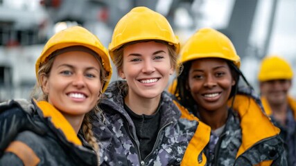 Close-up of four female engineers in yellow hard hats, work jackets and gloves, standing side by side, smiling, diverse workforce in construction and earth science industry visual - Powered by Adobe
