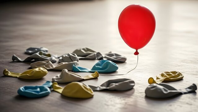 A solitary red balloon stands tall amidst a scatter of deflated peers, symbolizing resilience, survival, and the unique strength required to stay afloat when facing widespread failure