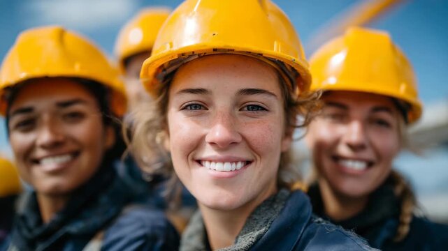 Close-up of four women engineers in bright yellow hard hats, work clothes, happy and approachable expressions, outdoors with natural sunlight, women in construction and STEM profes