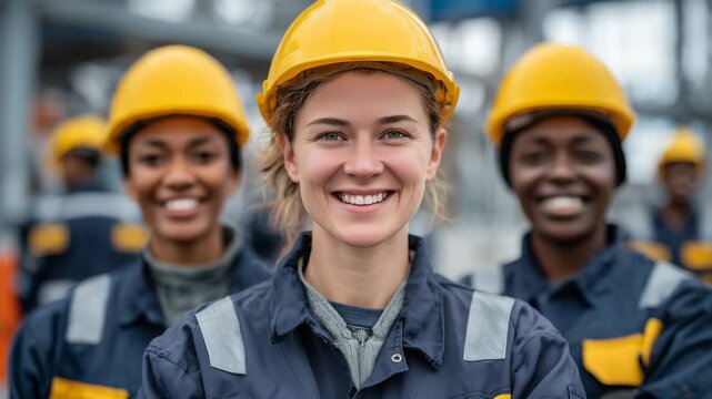 Close-up of four women in engineering uniforms with yellow helmets, standing outdoors, cheerful expressions, sunlit construction site, confident and skilled workforce concept