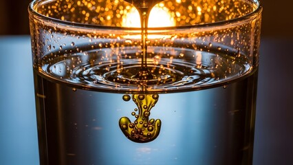 A golden elixir pours into a blue abyss, creating concentric ripples and a suspended liquid sculpture, symbolizing the infusion of essence and the separation of distinct elements