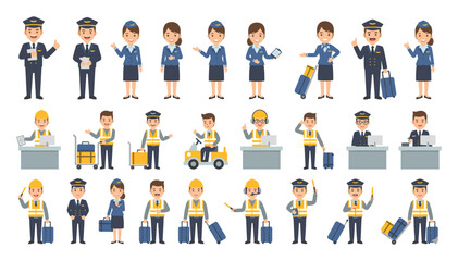 Aviation Staff and Airport Worker Illustration Set Featuring Pilots, Flight Attendants, Ground Crew, Check-In Agents, Baggage Handlers and Service Personnel