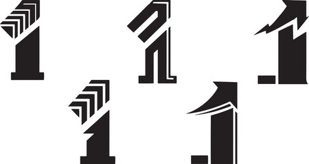 Abstract Up Arrow Number One Icons Set, Black and White Minimal Direction Growth Vector