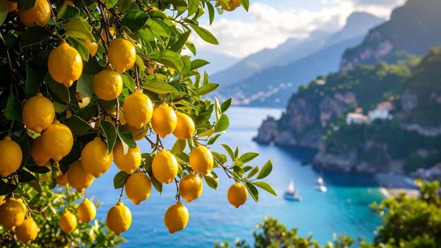 Ripe lemons hanging on a tree against the backdrop of a picturesque seascape with mountains, coastal cliffs, boats and clear blue water.