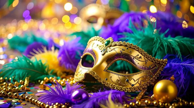 Elegant golden masquerade mask adorned with feathers and beads creates a festive atmosphere for celebration, perfect for holiday revelry and carnival fun.