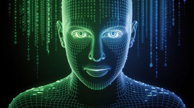 Digital human face emerges from cascading code, representing artificial intelligence and data.