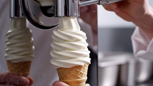 Soft serve ice cream machine filling cone close-up shot, delicious summer treat