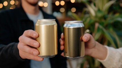 Close-up of hands lifting beer cans in a casual toast, one gold can with smooth reflective surface, modern lifestyle party atmosphere, beverage-focused promotional imagery