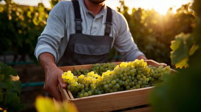Close-up of hands placing freshly harvested grapes into a wooden crate, juice glistening on skins, vine leaves and sunlit rows visible behind, grape farming and winemaking origin c