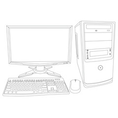 Desktop Computer Outline Line Art Vector Illustration