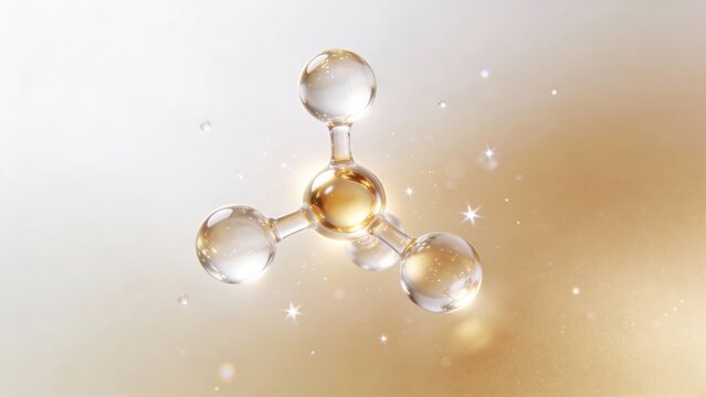 Collagen peptide molecules represented as smooth, transparent spheres with a luxurious liquid gold core against a soft gradient background.