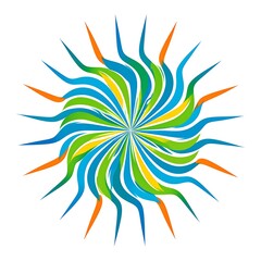 Fototapeta premium Colorful, symmetrical swirl design with radiating lines in blue, green, orange, and yellow