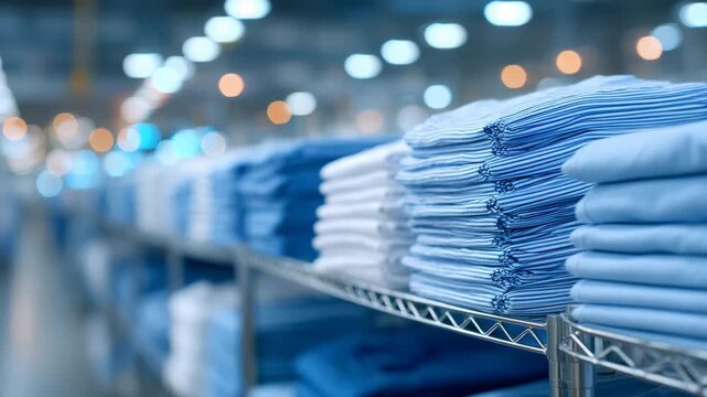 Close-up of hospital scrubs and medical gowns folded and stacked on stainless steel shelving, light blue fabric highlighted by clean ambient light, clinical and sterile preparation