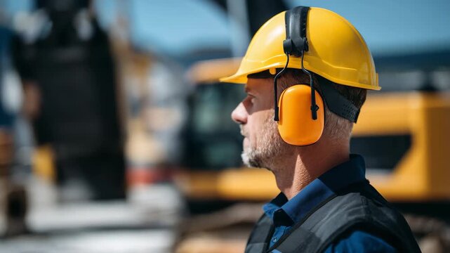 Close-up of man wearing yellow hard hat, orange ear defenders, sunlight highlighting helmet, blurred heavy machinery and construction activity in background, protective gear for no