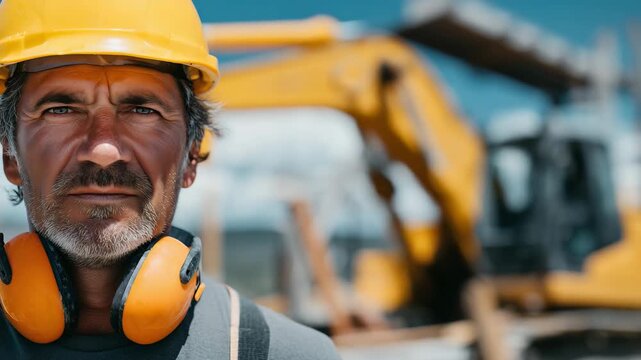 Close-up of man&rsquo;s face partially visible under yellow hard hat, orange ear defenders on, heavy construction equipment in background, safety gear emphasizes noise and impact protect