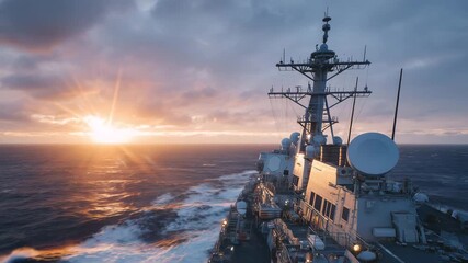 Close-up of naval vessel bridge with multiple radars, antenna arrays, and satellite communication systems, calm ocean under warm sunset, navigation lights subtly glowing, modern ma