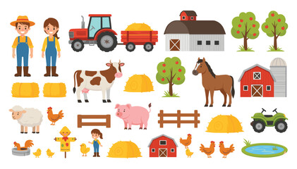 Farm Life Illustration Set Featuring Farmers, Barns, Tractor, Cows, Horses, Pigs, Chickens, Hay Bales, Trees, Fences and Country Agriculture Elements © MstFarida