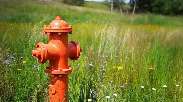 Vibrant Orange Fire Hydrant Amidst a Beautiful Meadow of Wildflowers and Grass