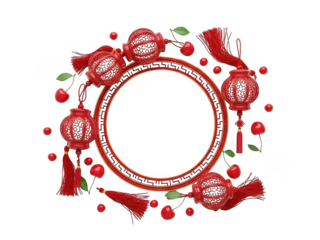 Vibrant red chinese lanterns wreath isolated on transparent background