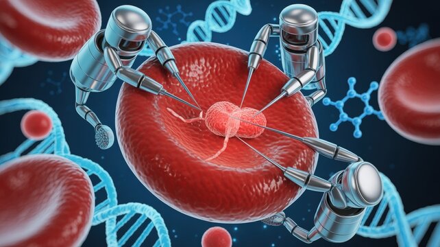 Tiny robots meticulously examine a red blood cell and bacteria, surrounded by DNA strands.