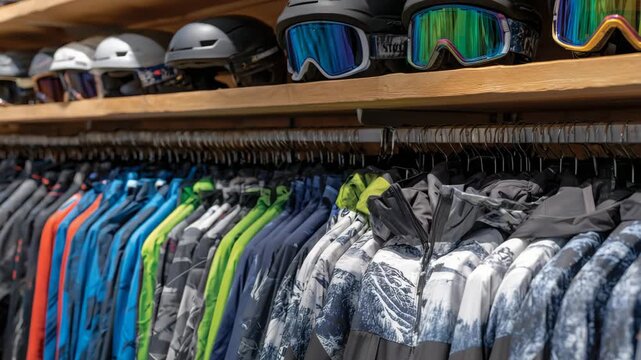 Close-up of ski and snowboard jackets on hangers, helmets on top shelf, goggles arranged in neat rows, colorful winter sports retail visual, well-lit store interior