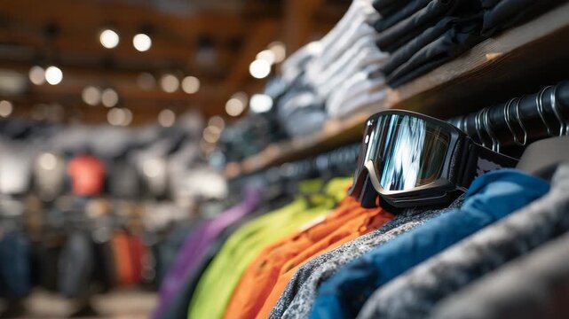 Close-up of ski apparel racks showing colorful jackets, helmets stacked neatly, goggles displayed, indoor shop lighting highlighting textures and colors, winter sports retail conce