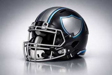 Fototapeta premium A black and silver football helmet sits on a smooth surface ahead of the super bowl game in a sports venue.