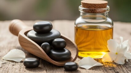 Relaxing Spa Massage Stones and Essential Oil Bottle on Wooden Surface.