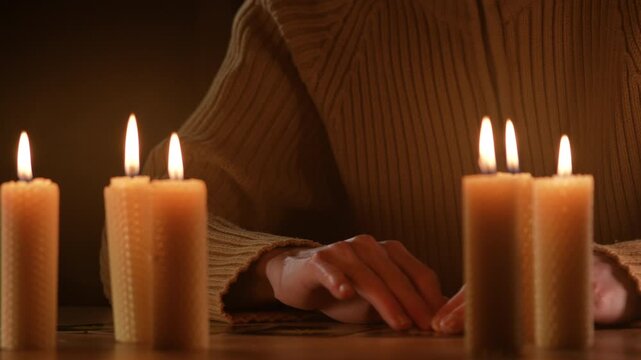 Fortune teller hands under candles fortune-telling on tarot cards.