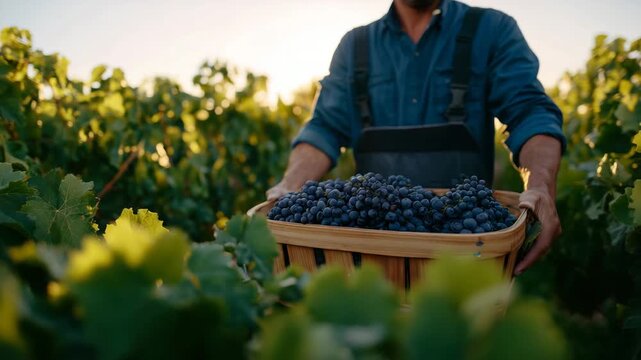 Close-up of vineyard worker lifting a basket full of grapes, muscles and fabric textures visible, sun-drenched rows of vines surrounding, grape harvest labor and wine production st