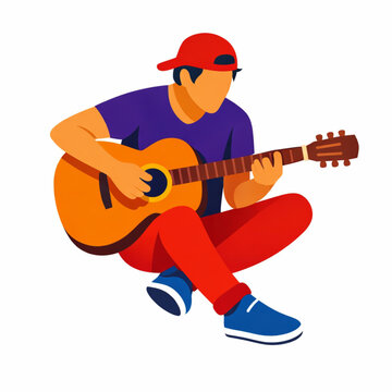Young man playing acoustic guitar sitting cross-legged