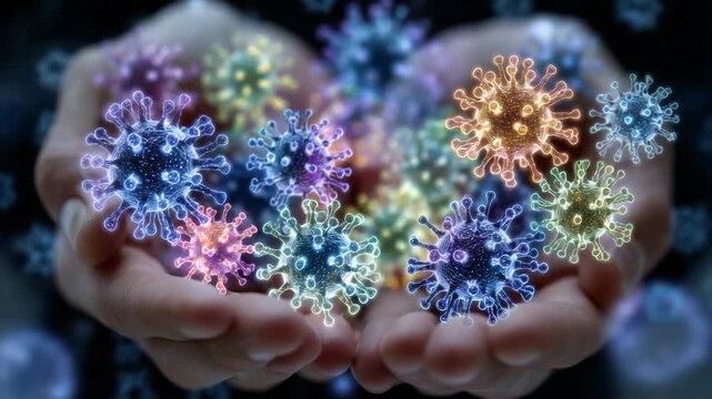 Human hands holding multiple colorful virus-like objects, intricate surface details and glowing edges, close-up framing, shallow focus, pastel bokeh background, conceptual visualiz