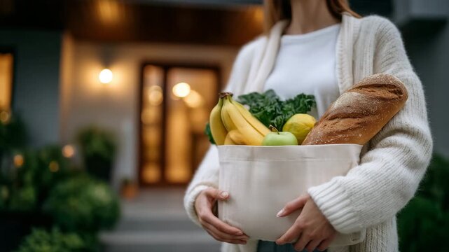 Lifestyle close-up of female hands offering a grocery bag, ripe fruits and fresh bread visible at the top, residential doorway glowing with soft sunlight, emphasis on trust, care,