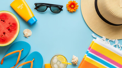 Summer vacation essentials on light blue background