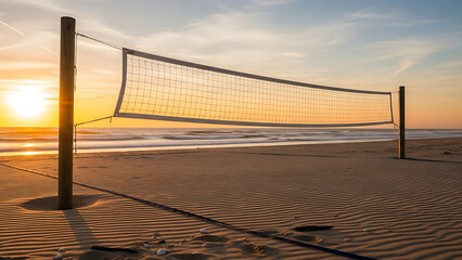 Beach volleyball net at sunset on sandy shore by ocean