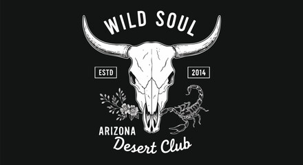 Fototapeta premium Retro Wild Soul Arizona Desert Club Logo Vector with Bull Skull and Scorpion.
