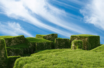 Square grassy blocks terrain with natural lighting. 3D rendering.	

