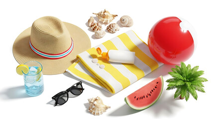 Summer vacation essentials on white background