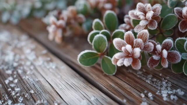 Macro shot of frosted leaves and small branches on a wooden surface, ice crystals and textures sharply visible, soft-focus natural background, neutral seasonal visuals, winter and